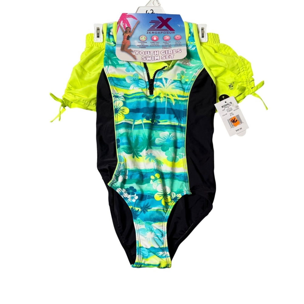 Zeroxposur Girls 2-Piece Swim Set Size S 7/8 Neon Tropical Zip Swimsuit Shorts